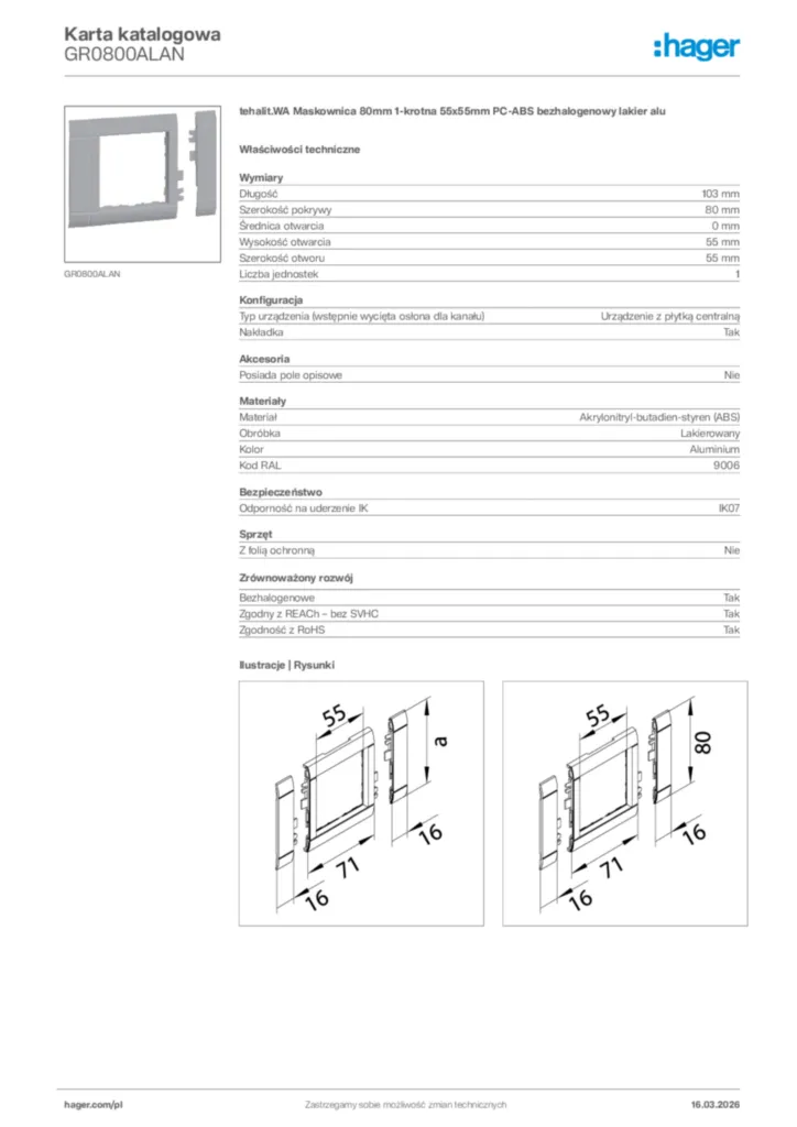 Zdjęcie Hager Karta katalogowa GR0800ALAN | Hager Polska
