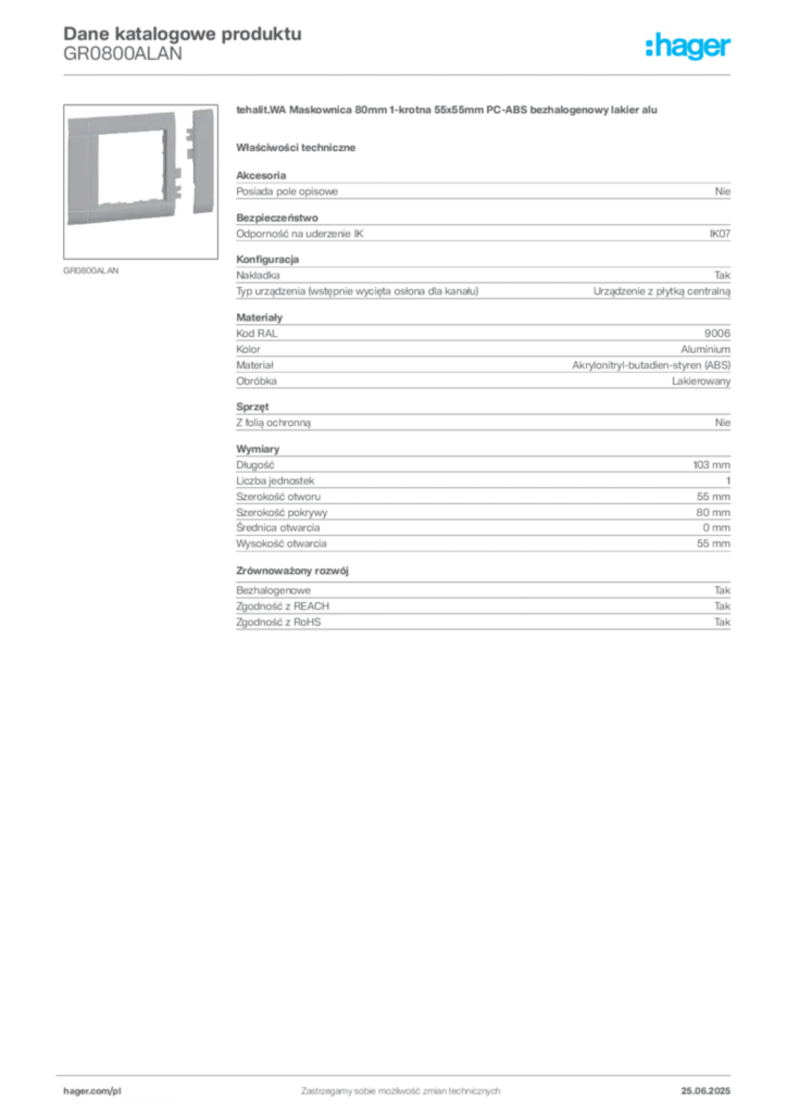 Zdjęcie Hager Karta katalogowa GR0800ALAN | Hager Polska