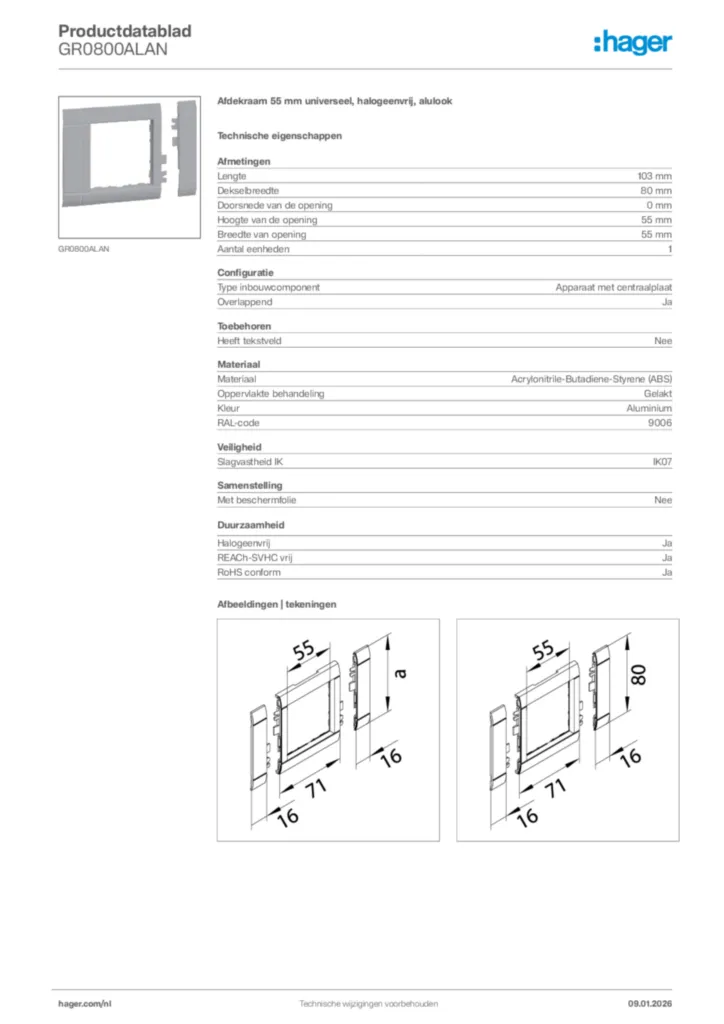 Afbeelding Hager Productdatablad GR0800ALAN | Hager Nederland