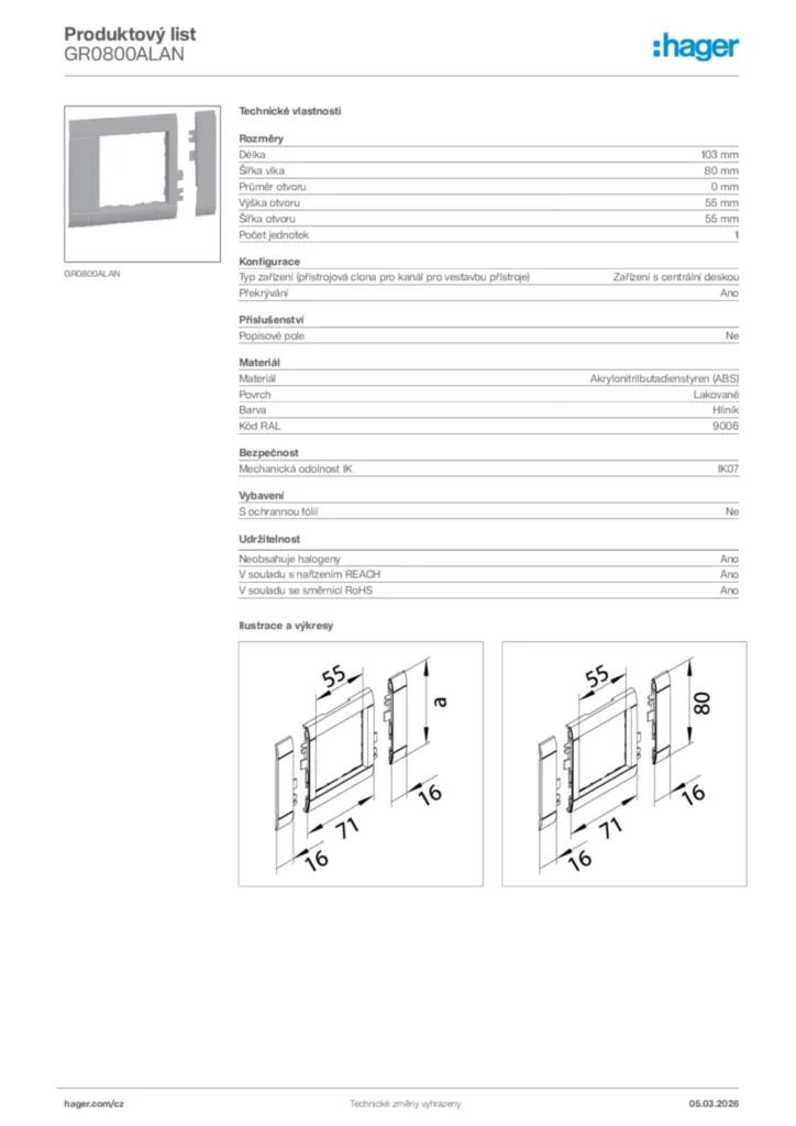 Obrázek Hager Product data sheet GR0800ALAN | Hager