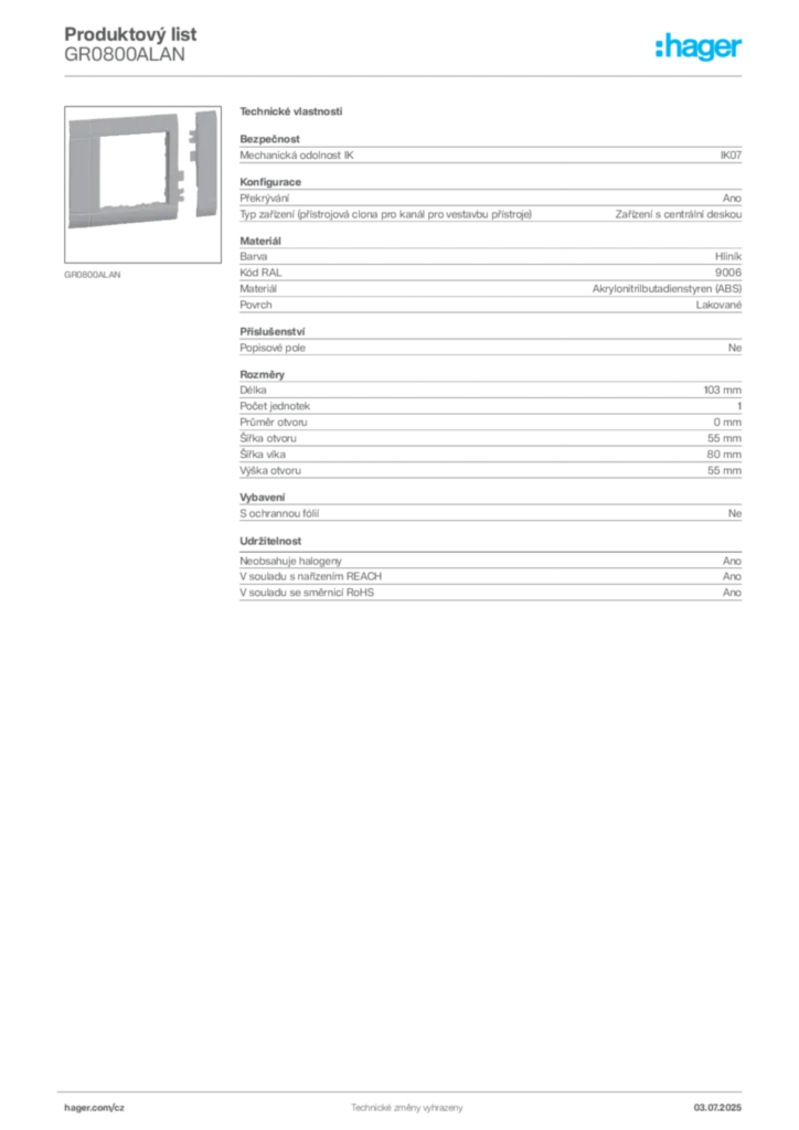 Obrázek Hager Produktový list GR0800ALAN | Hager