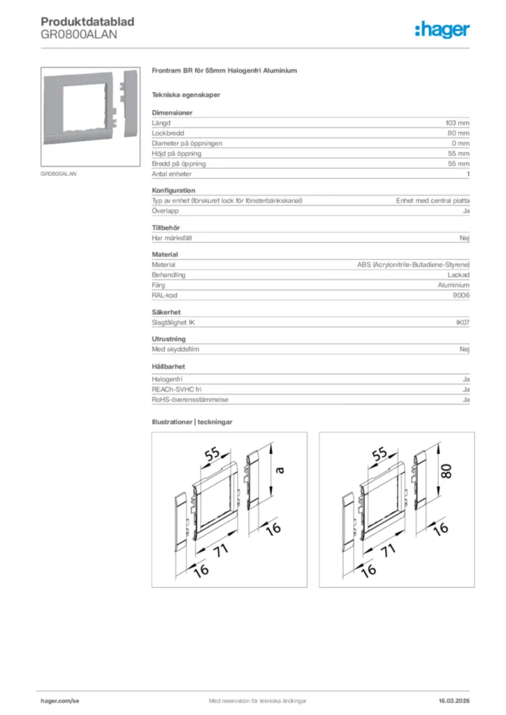Bild Hager Produktdatablad GR0800ALAN | Hager Sverige