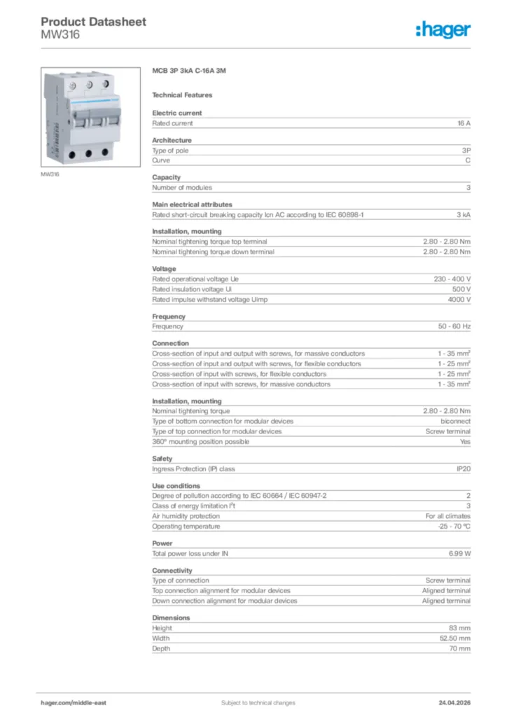 Image Hager Product data sheet MW316  | Hager
