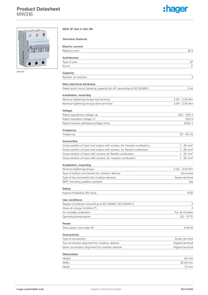 Image Hager Product data sheet MW316  | Hager