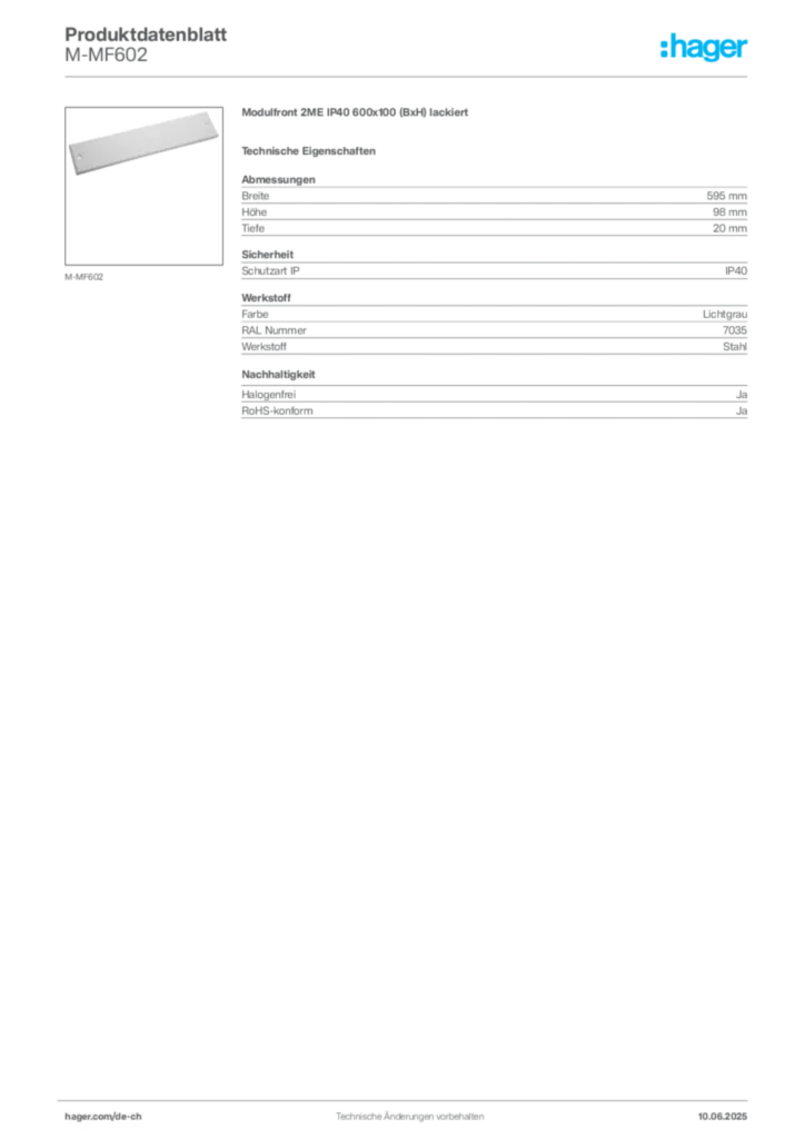 Bild Hager Produktdatenblatt M-MF602 | Hager Schweiz