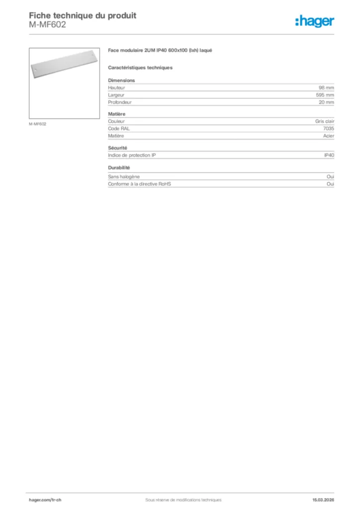 Image Hager Fiche technique du produit M-MF602 | Hager Suisse