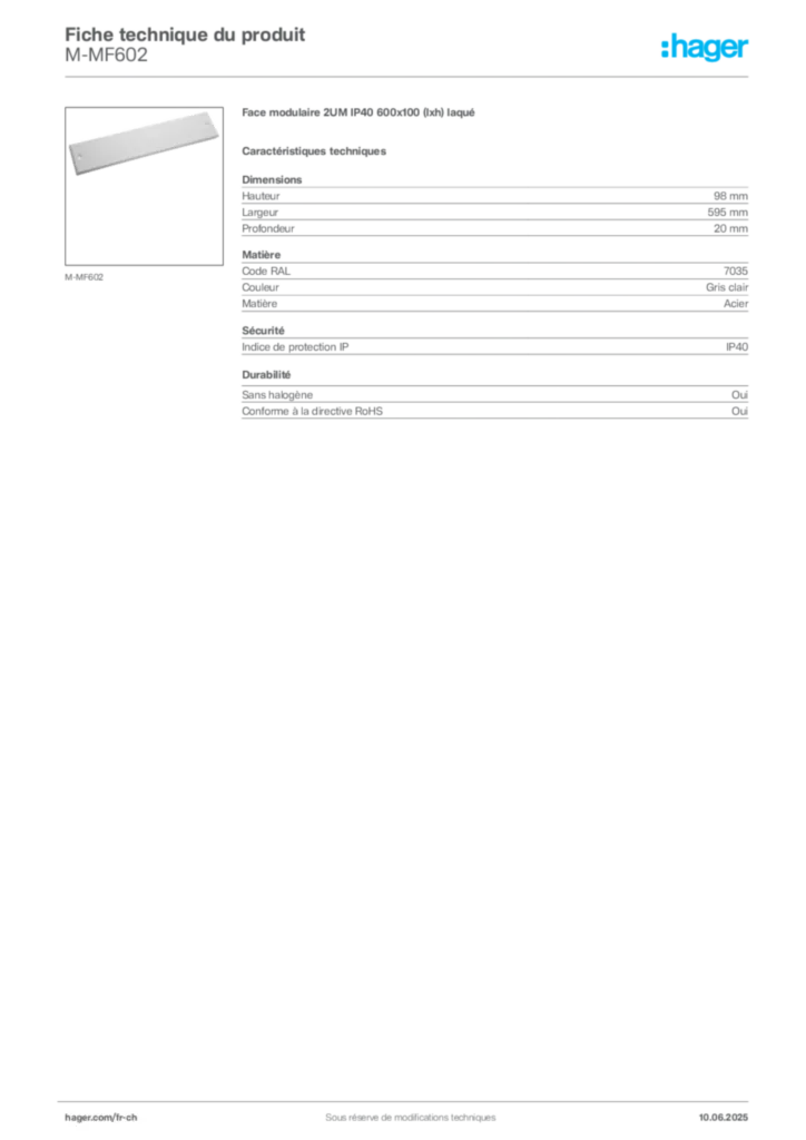 Image Hager Fiche technique du produit M-MF602 | Hager Suisse