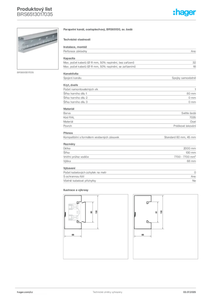 Obrázek Hager Produktový list BRS6513017035 | Hager