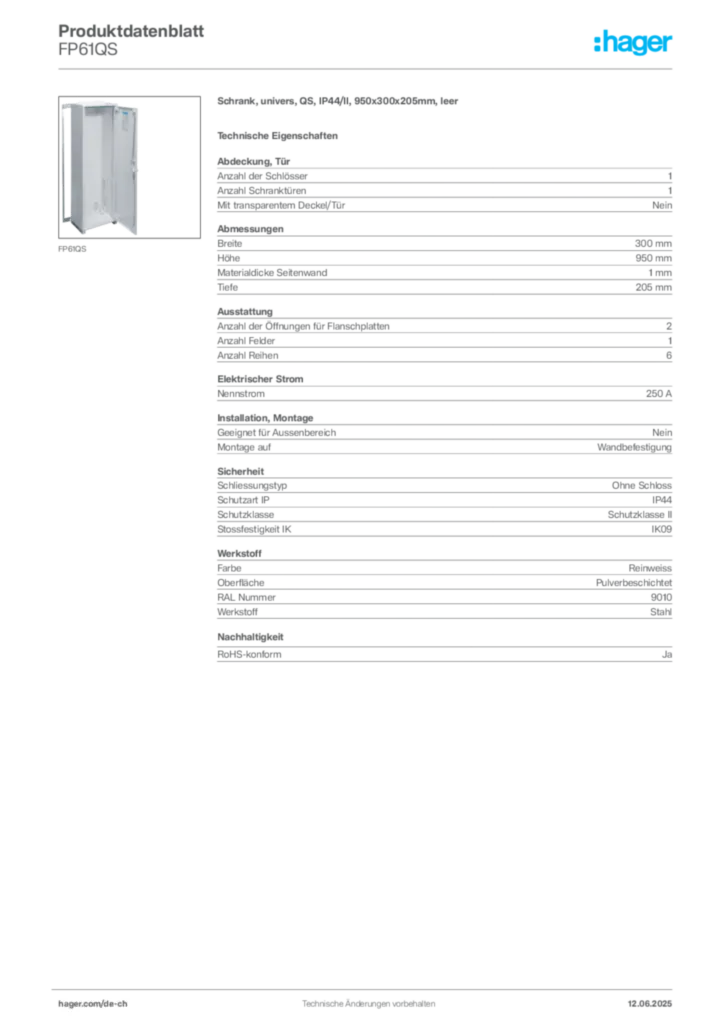 Bild Hager Produktdatenblatt FP61QS | Hager Schweiz