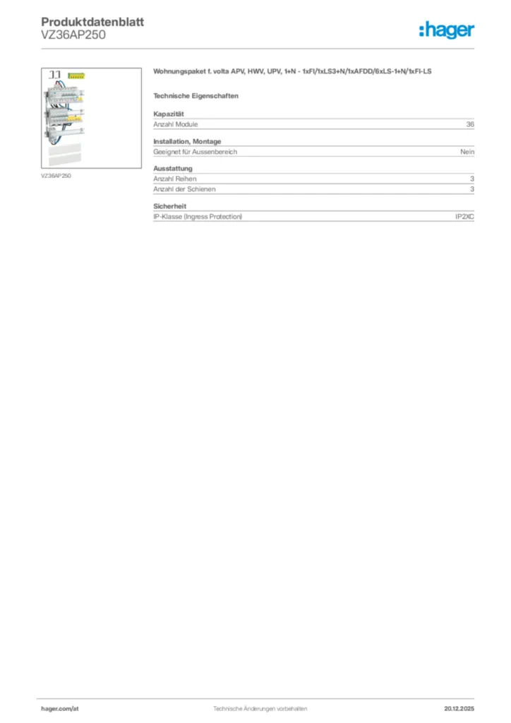 Bild Hager Produktdatenblatt VZ36AP250 | Hager Deutschland