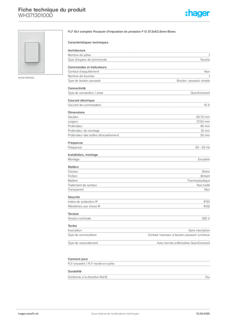 Image Hager Fiche technique du produit WH37130100D | Hager Suisse