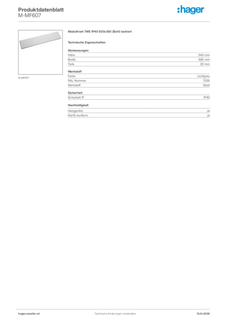 Bild Hager Produktdatenblatt M-MF607 | Hager Schweiz