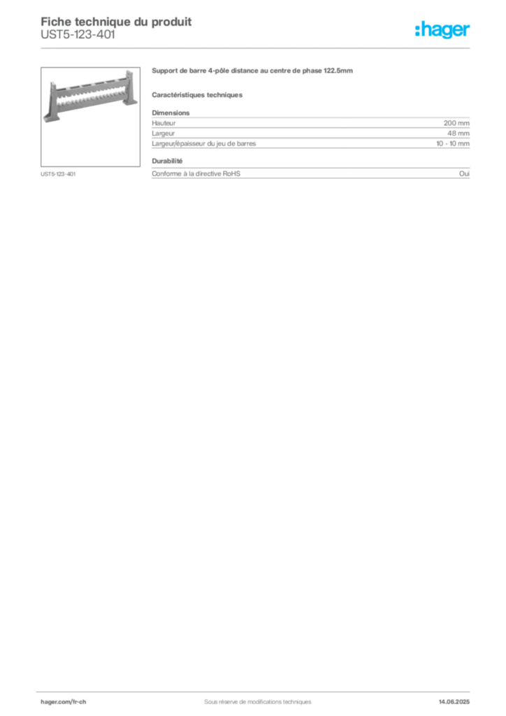 Image Hager Fiche technique du produit UST5-123-401 | Hager Suisse