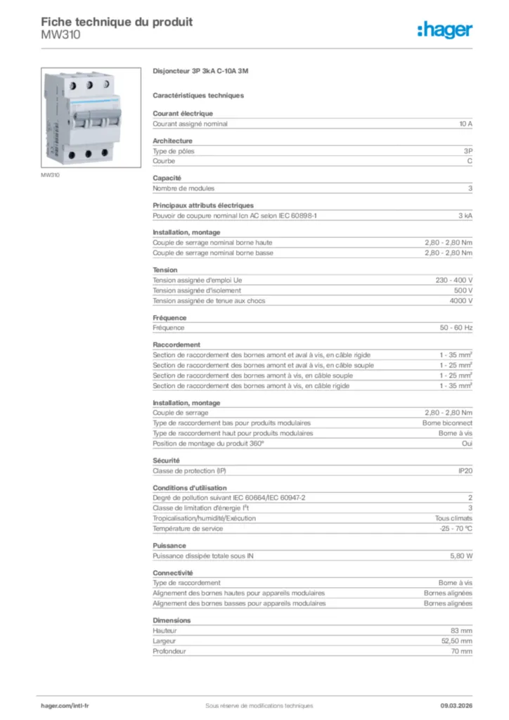 Image Hager Fiche technique du produit MW310 | Hager Afrique