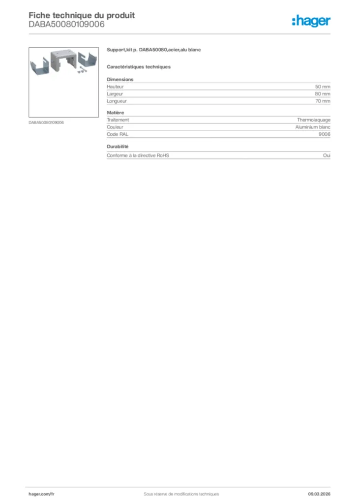 Image Hager Fiche technique du produit DABA50080109006 | Hager France