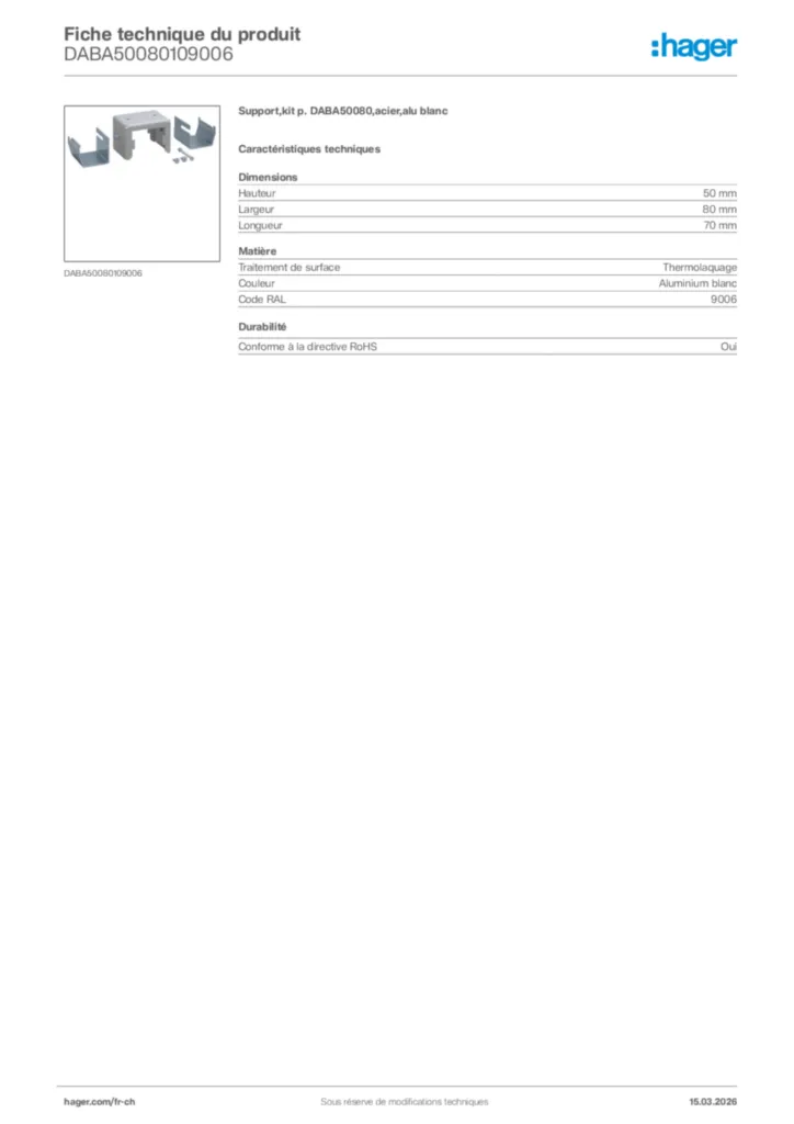 Image Hager Fiche technique du produit DABA50080109006 | Hager Suisse