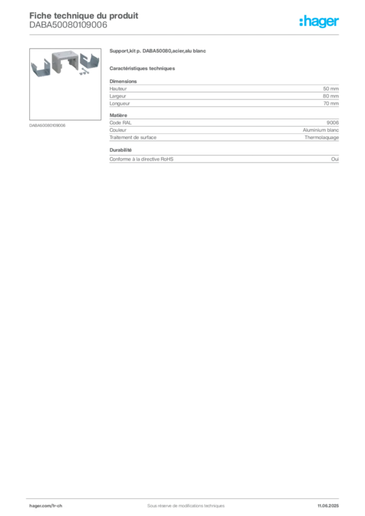 Image Hager Fiche technique du produit DABA50080109006 | Hager Suisse
