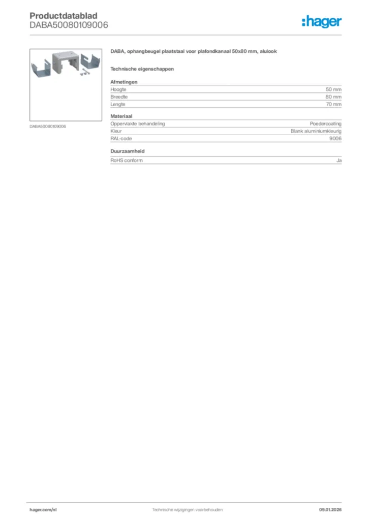 Afbeelding Hager Productdatablad DABA50080109006 | Hager Nederland