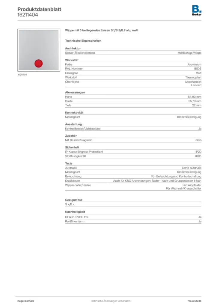 Bild Berker Produktdatenblatt 16211404 | Hager Deutschland