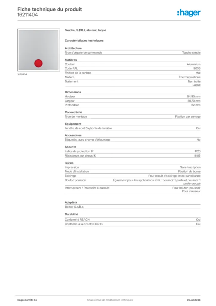 Image Hager Fiche technique du produit 16211404 | Hager Belgique