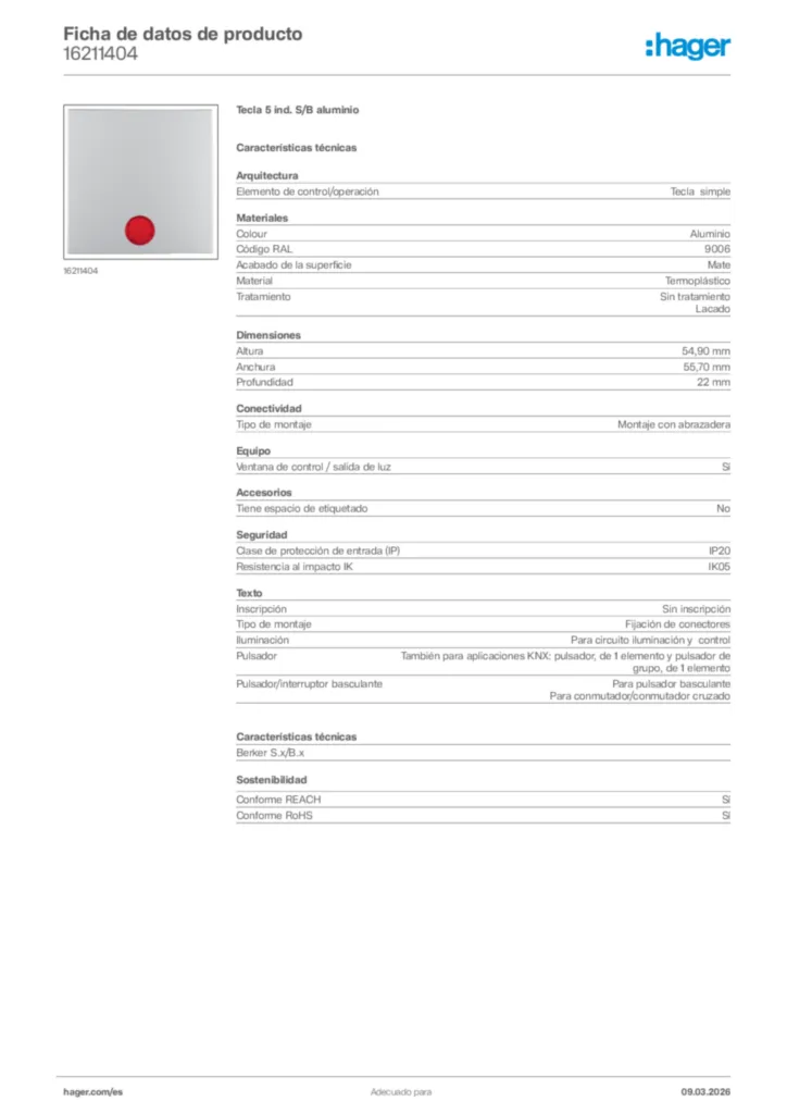 Imagen Hager Ficha de datos de producto 16211404 | Hager España