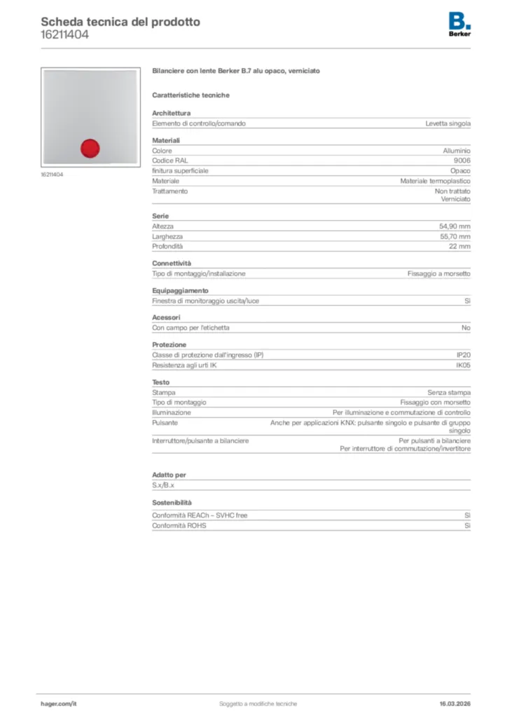 Immagine Berker Scheda tecnica del prodotto 16211404 | Hager Italia
