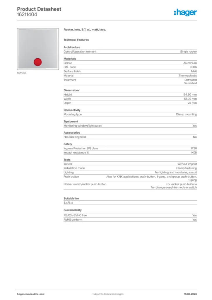 Image Hager Product data sheet 16211404  | Hager