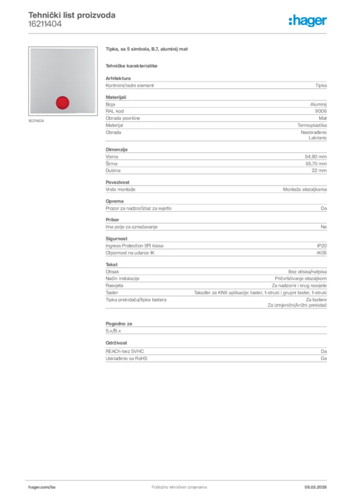 Slika Hager Tehnički list proizvoda 16211404  | Hager