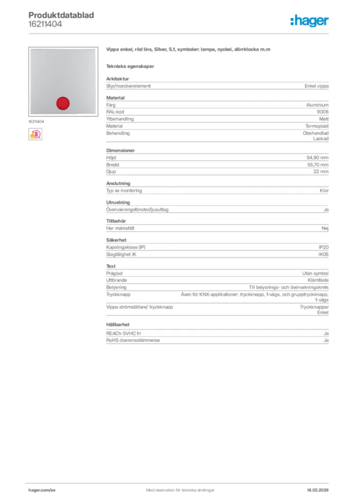 Bild Hager Produktdatablad 16211404 | Hager Sverige