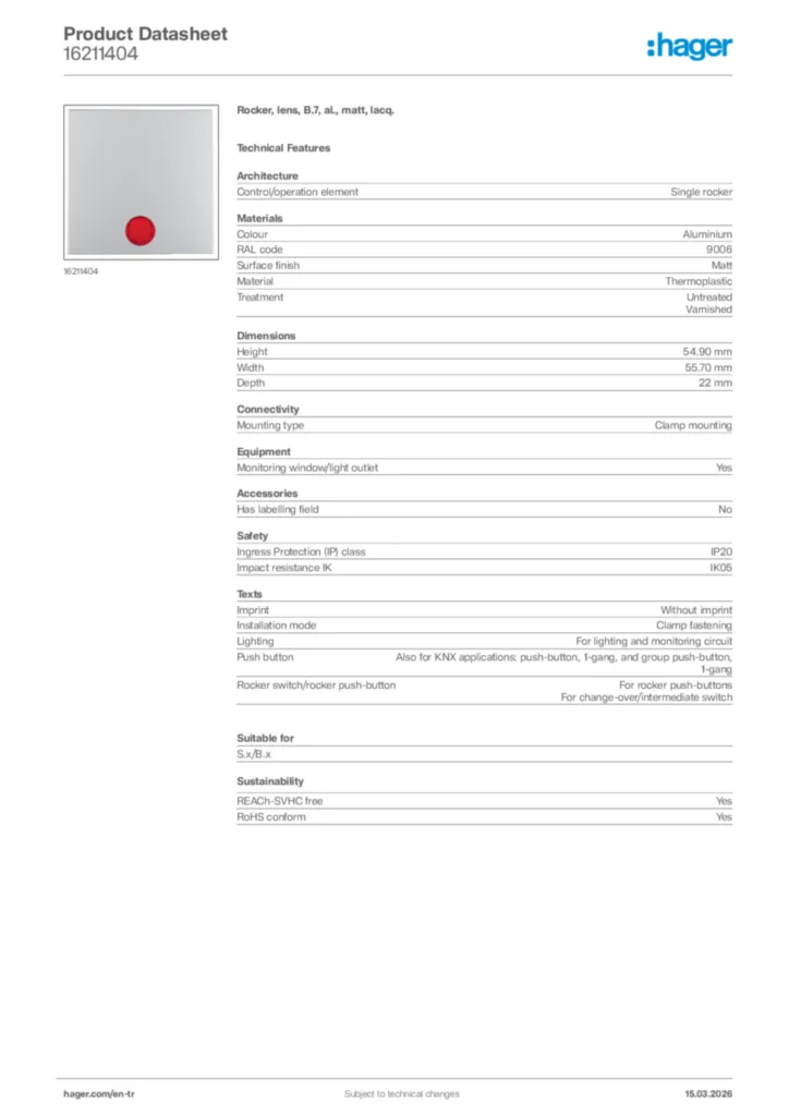 Image Hager Product data sheet 16211404  | Hager