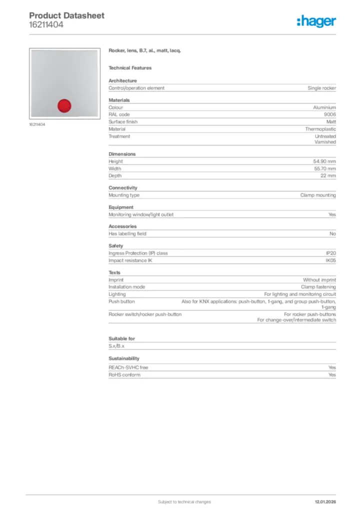 Image Hager Product data sheet 16211404  | Hager