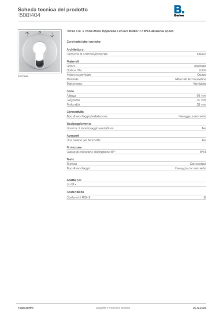 Immagine Berker Scheda tecnica del prodotto 15081404 | Hager Italia