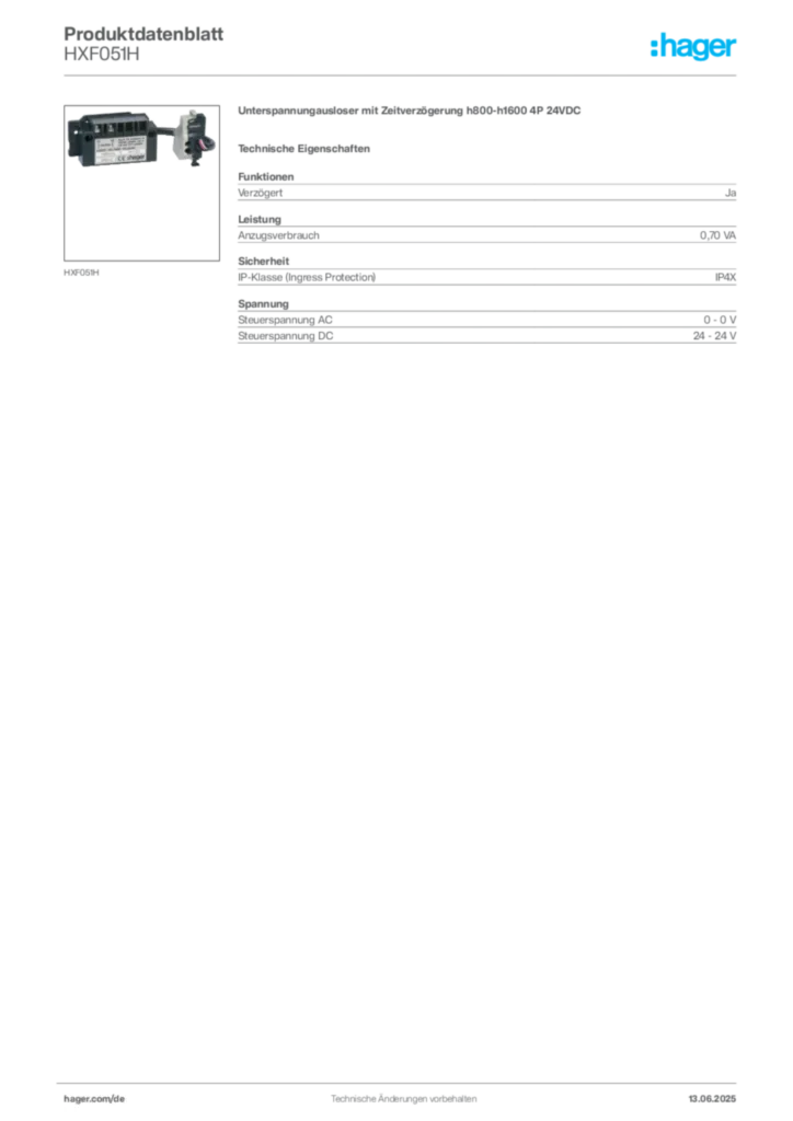 Hager Produktdatenblatt HXF051H