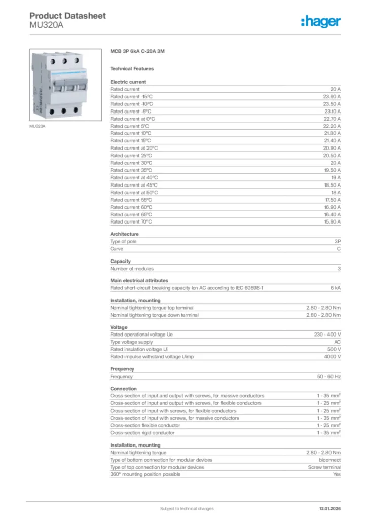 Image Hager Product data sheet MU320A  | Hager