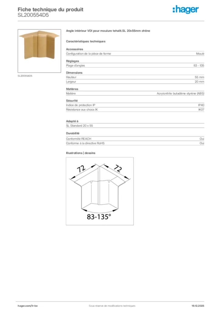 Image Hager Fiche technique du produit SL200554D5 | Hager Belgique