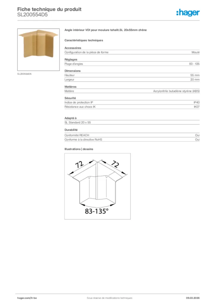 Image Hager Fiche technique du produit SL200554D5 | Hager Belgique