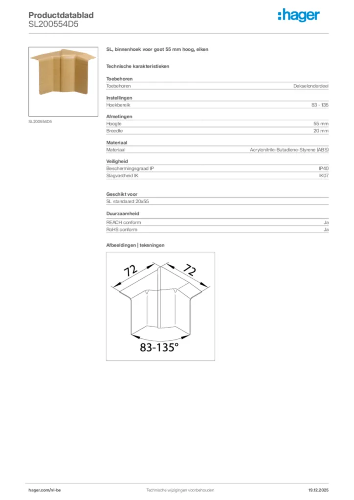Afbeelding Hager Productdatablad SL200554D5 | Hager Belgium