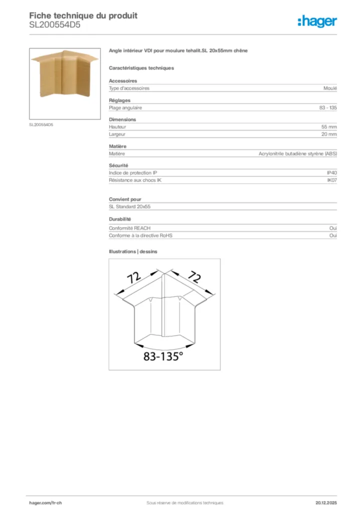 Image Hager Fiche technique du produit SL200554D5 | Hager Suisse