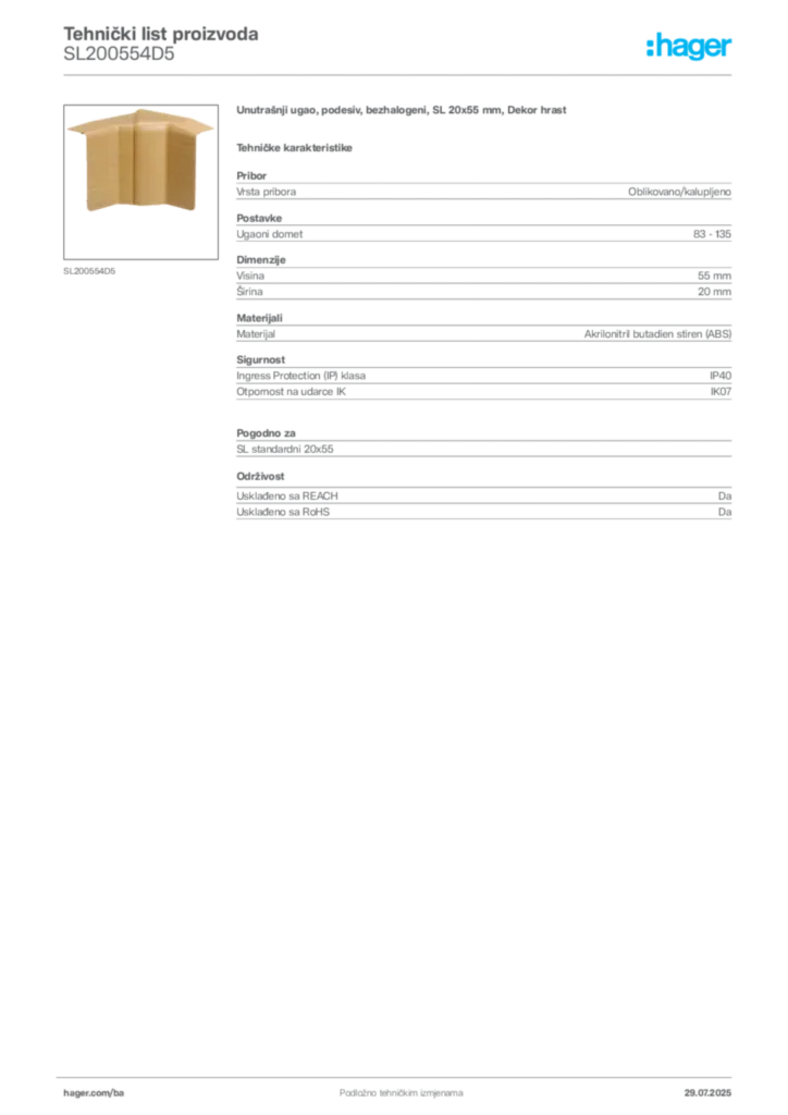 Slika Hager Product data sheet SL200554D5  | Hager