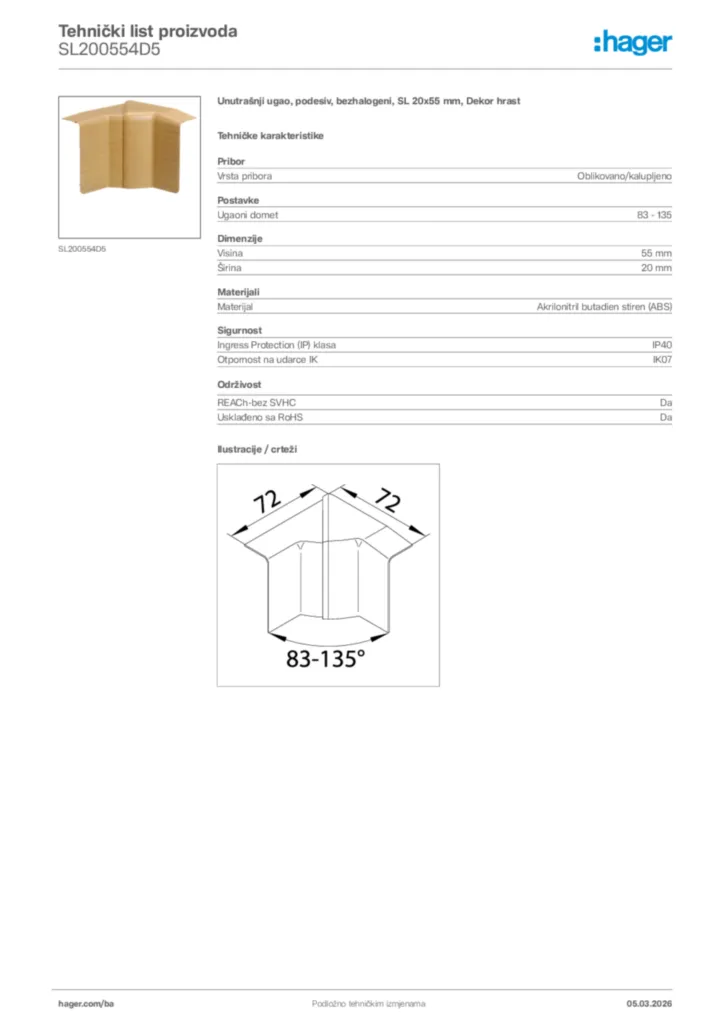 Slika Hager Tehnički list proizvoda SL200554D5  | Hager