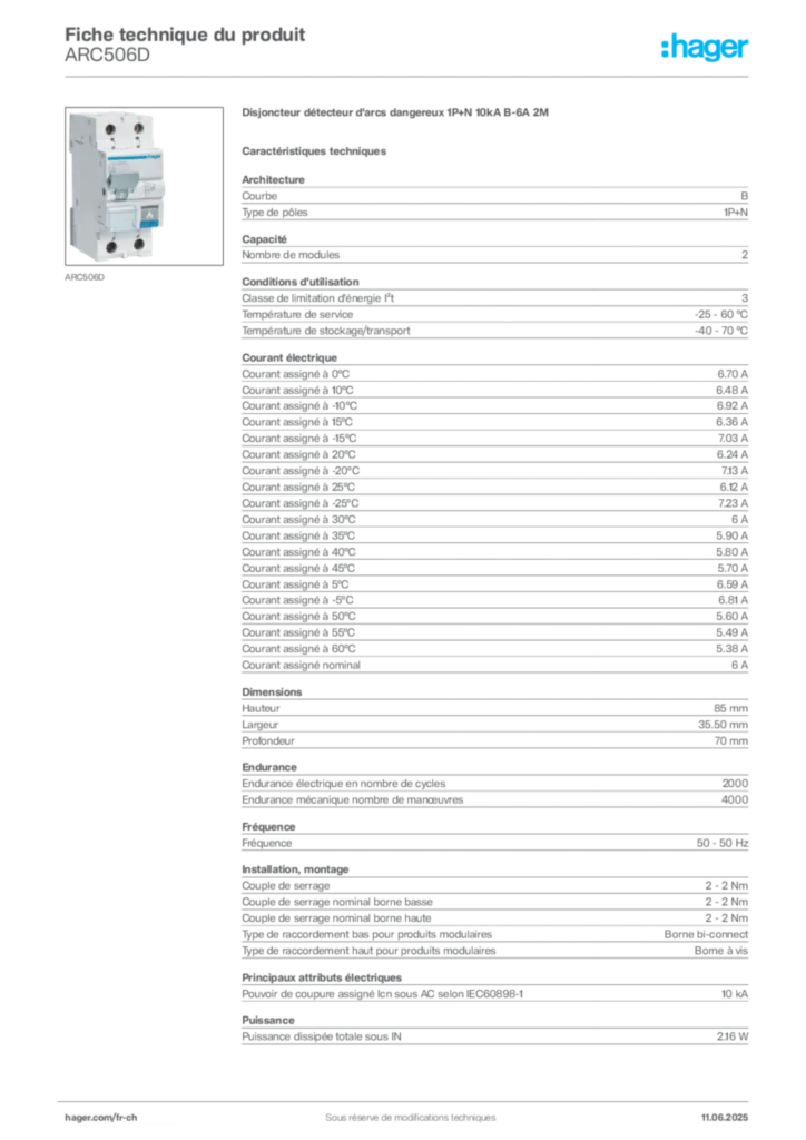 Image Hager Fiche technique du produit ARC506D | Hager Suisse