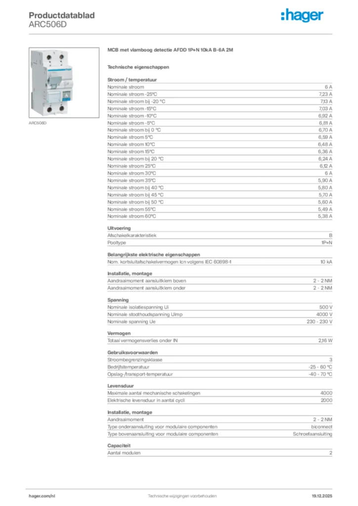 Afbeelding Hager Productdatablad ARC506D | Hager Nederland