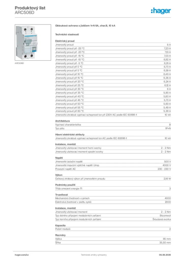 Obrázek Hager Generováno - Datový list produktu ARC506D | Hager