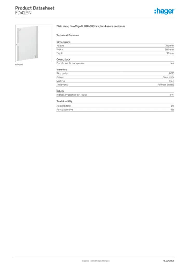 Image Hager Product data sheet FD42PN  | Hager Africa