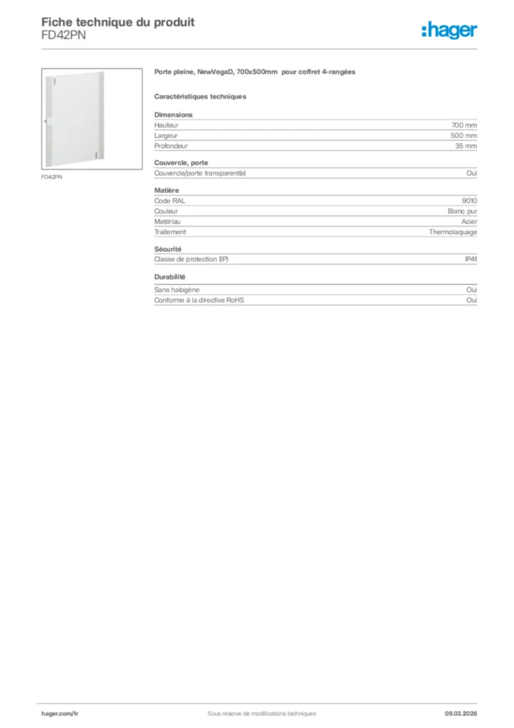 Image Hager Fiche technique du produit FD42PN | Hager France
