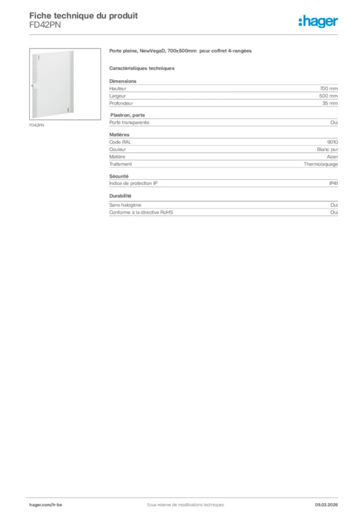 Image Hager Fiche technique du produit FD42PN | Hager Belgique