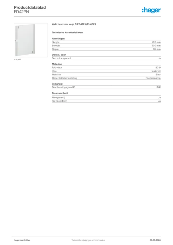 Afbeelding Hager Productdatablad FD42PN | Hager Belgium