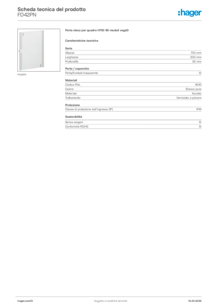 Immagine Hager Scheda tecnica del prodotto FD42PN | Hager Italia