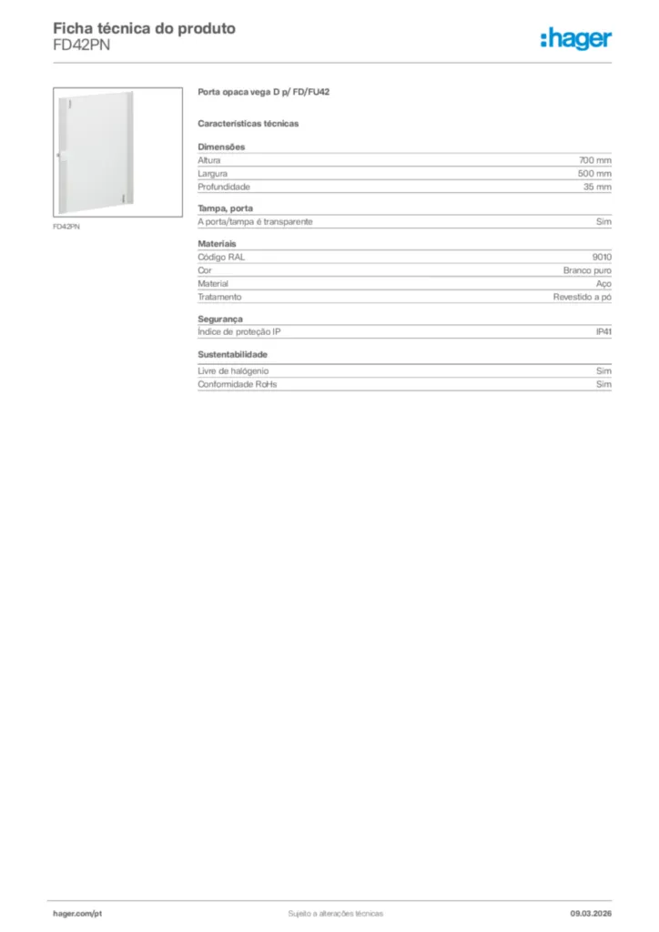 Imagem Hager Ficha técnica do produto FD42PN | Hager Portugal