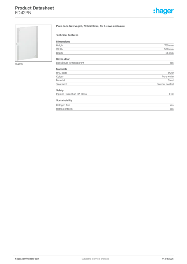Image Hager Product data sheet FD42PN  | Hager